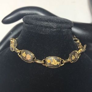 Damascene Link Bracelet Real Gold Inlay 7”L Lovely Birds Florals EVC